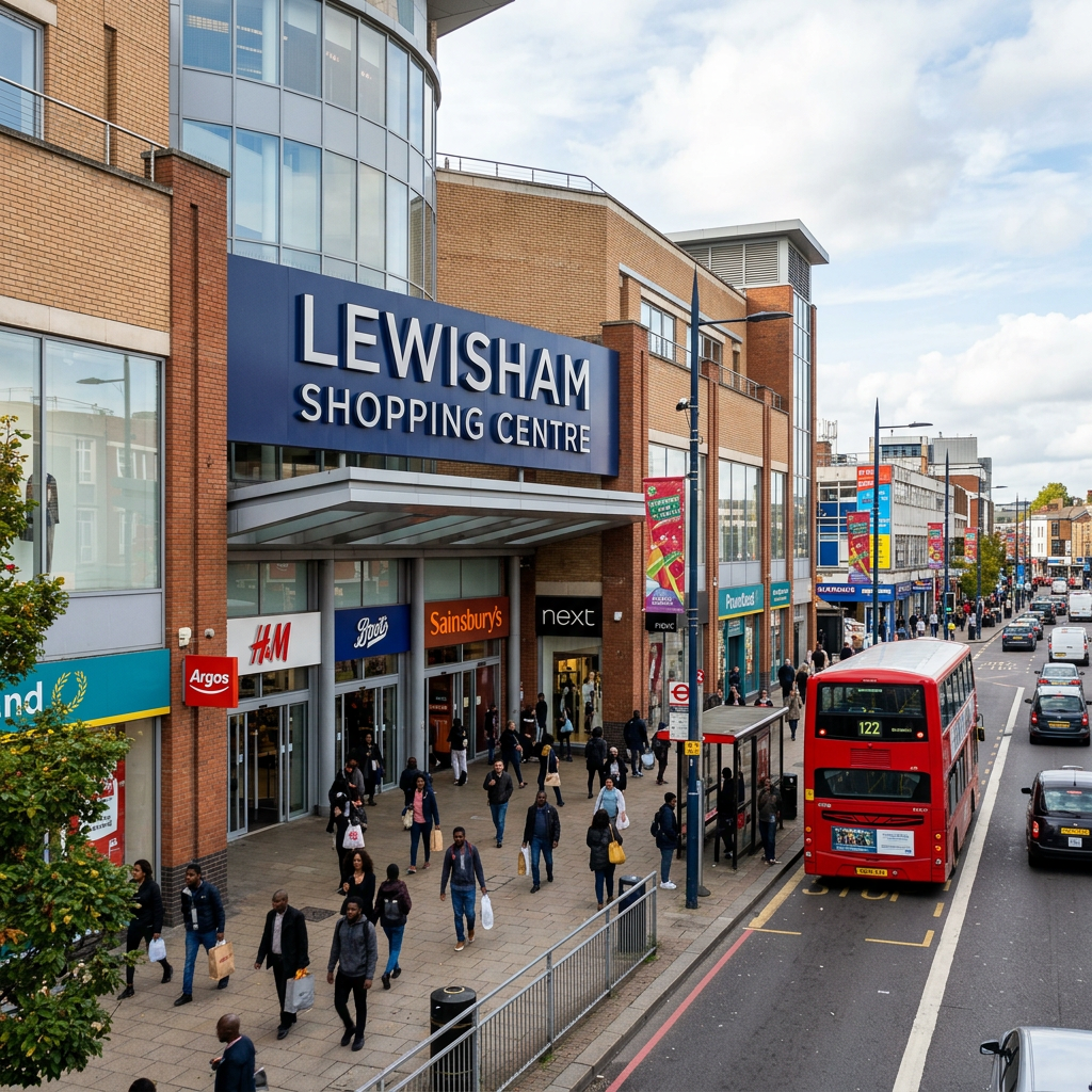 Crowd walking outside Lewisham Shopping Centre with red double-decker bus on road