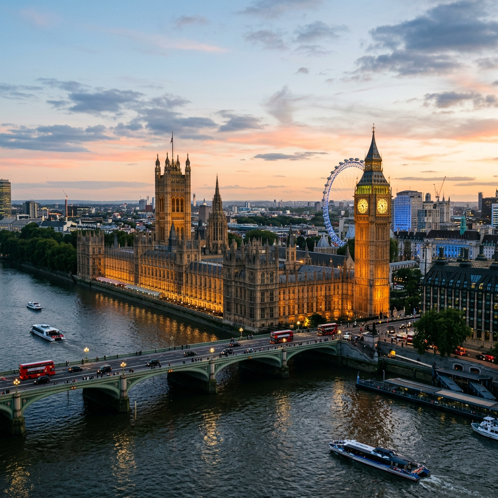 Houses of Parliament and Big Ben illuminated beside the River Thames with London Eye in background